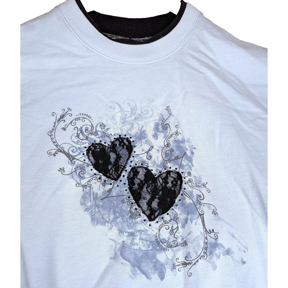 VTG L 90s Morning Sun Top Stitch Sweatshirt Blue Black Lace Heart Floral Goth